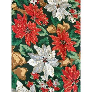 CHRISTMAS POINSETTIA FABRIC REMNANT Green Red Gold White Approx 80" x 58" VTG